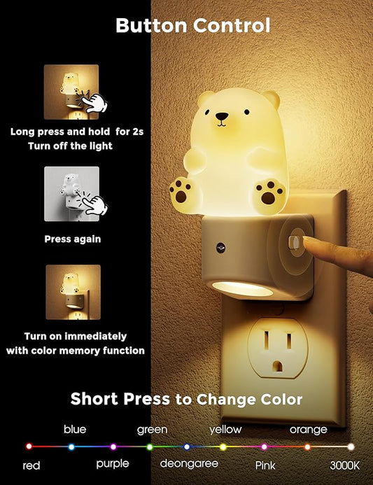 L LOHAS LED Night Light for Kids, 3D Bear Night Light Plug in, Dusk to Dawn Nursery Night Lights, RGB+Soft White 3000K, 3 Lighting Modes, Room Decor, Children