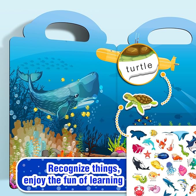 2 Sets Reusable Sticker Books for Toddlers 1-3, Removable Jelly Sticker Books for Kids 2-4 Years, Toddler Travel Toys Activity Road Trip Essentials for Kids- Vehicle + Ocean