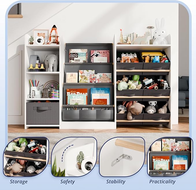 IKALIFE Kids Toy Book Storage Organizer - Large Bookshelf with 7 Removable Bins, Baby Bookshelf and Toy Storage, 4-Tier Book Shelf for Kids Room, Playroom, Classroom, 51 inch, White
