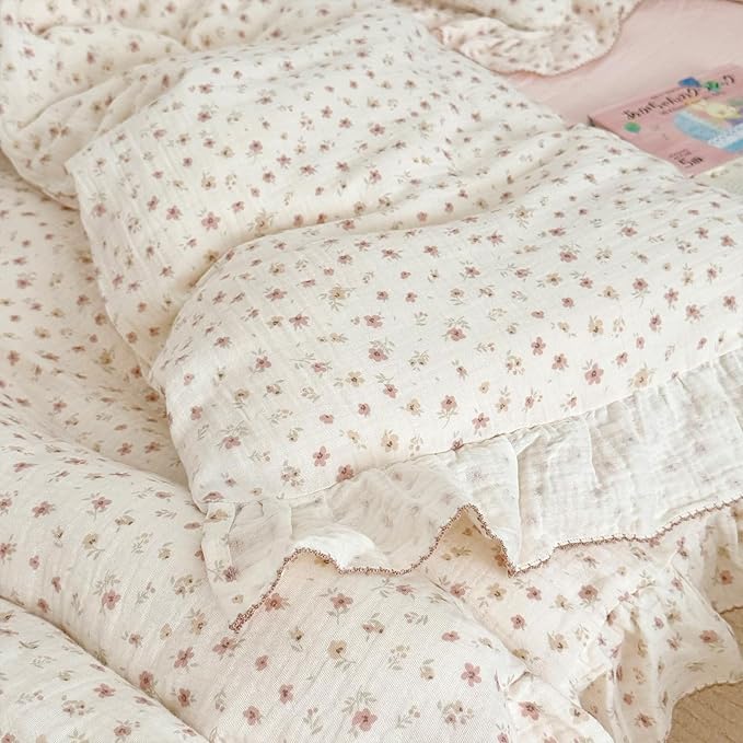 BuLuTu Chic Shabby Vintage Floral Duvet Cover Twin for Kids Girls Boys 100% Cotton Muslin Ruffled Quilt Cover Twin, 68"x86", Pink Floral Print, Soft Breathable, Zipper Closure, No Pillowcase