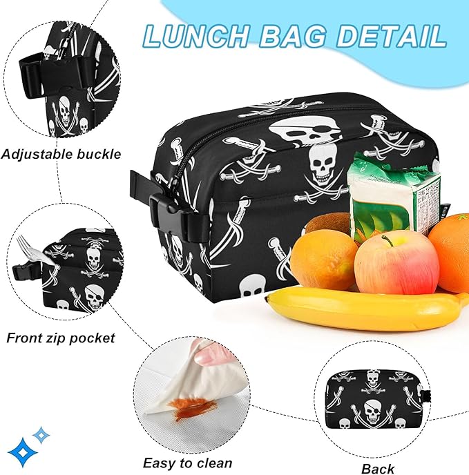 Jucciaco Pirate Skull Backpack with Lunch Bag, School Travel Backpack for Boys Girls Kids Backpacks Set
