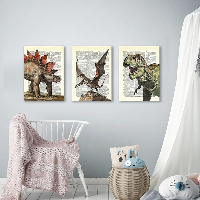 Ovczax 3 Pieces Dinosaur Wall Art - Dinosaur Room Decor, Tyrannosaurus Rex, Pterodactyl, Stegosaurus Canvas Wall Art Poster 16" x 12" In