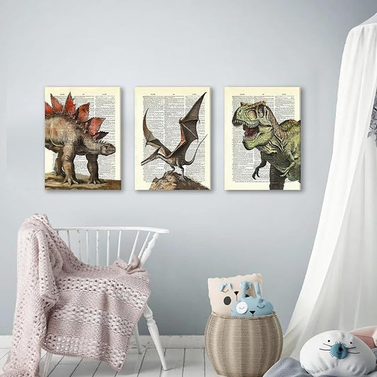 Ovczax 3 Pieces Canvas Wall Art - Dinosaur Room Decor For Boys Decor For Boys Room, Dinosaur Poster 24" X 16"