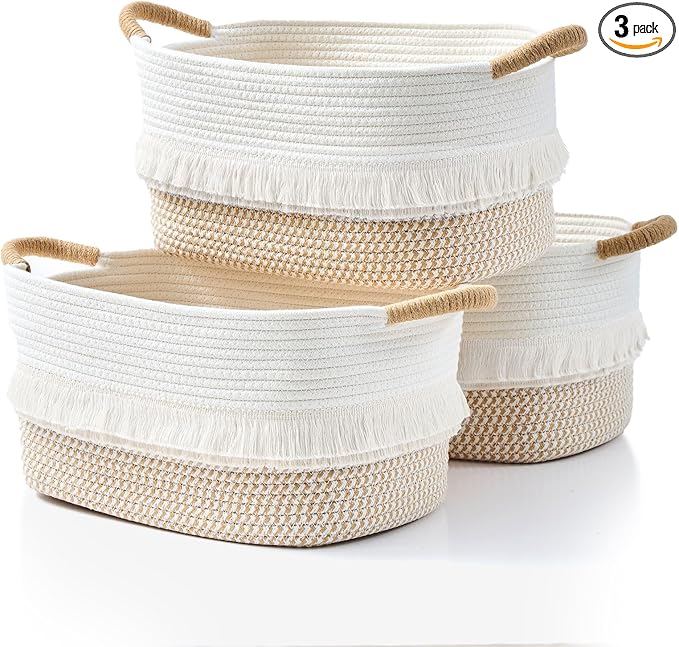 BUBUSUN Storage Bins Woven Baskets for Storage Set of 3, Cotton Rope Basket with Handles for Toys/Shelves/Laundry, Rectangle Multi-Purpose Organizer for Living Room, Bedroom, Nursery (White/Brown)