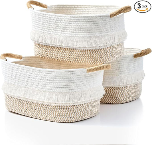 BUBUSUN Storage Bins Woven Baskets for Storage Set of 3, Cotton Rope Basket with Handles for Toys/Shelves/Laundry, Rectangle Multi-Purpose Organizer for Living Room, Bedroom, Nursery (White/Brown)