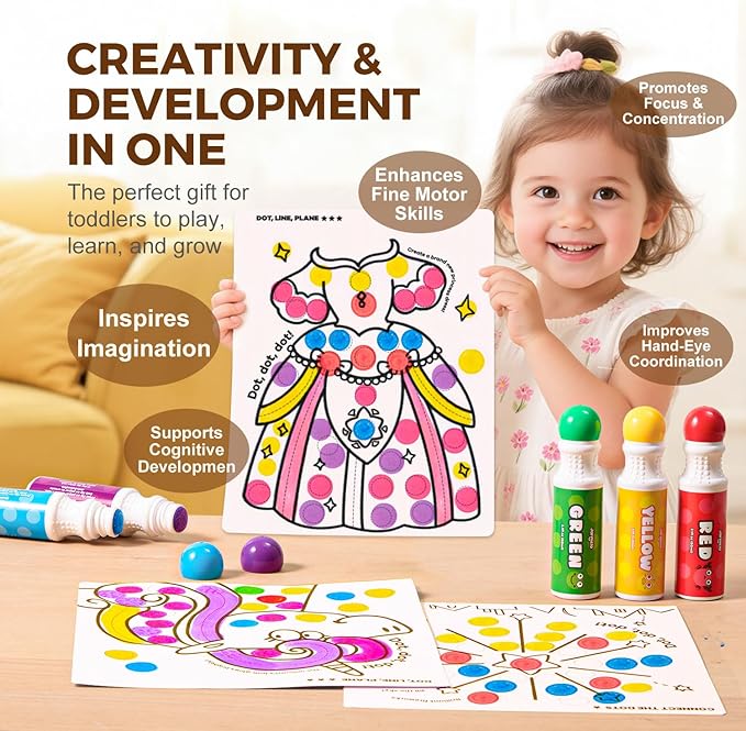 Jar Melo Washable Dot Markers for Toddlers, 12 Colors Dot Paints with 120 Printed PDF & 20 Activity Papers, Non-Toxic Bingo Markers for Kids Arts and Crafts Gifts