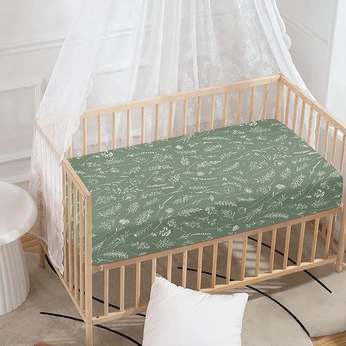 Wildflowers Meadow and Flowers Fitted Crib Sheet Green Sage Baby Crib Sheet Fit Standard Crib and Toddler Mattress,Crib Mattress Sheets for Boys Girls 28"x52"