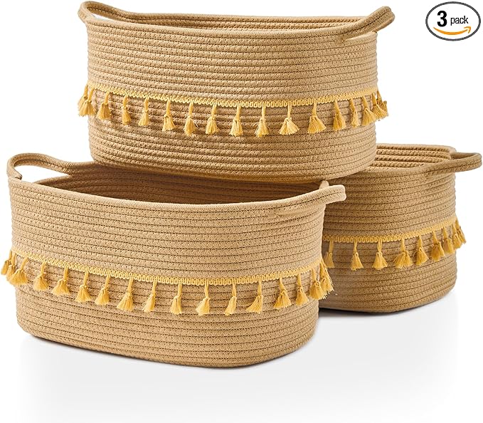BUBUSUN Storage Bins Woven Baskets for Storage Set of 3, Cotton Rope Basket with Handles for Toys/Shelves/Laundry, Rectangle Multi-Purpose Organizer for Living Room, Bedroom, Nursery (Brown)