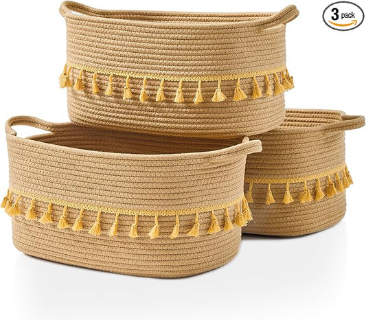BUBUSUN Storage Bins Woven Baskets for Storage Set of 3, Cotton Rope Basket with Handles for Toys/Shelves/Laundry, Rectangle Multi-Purpose Organizer for Living Room, Bedroom, Nursery (Brown)