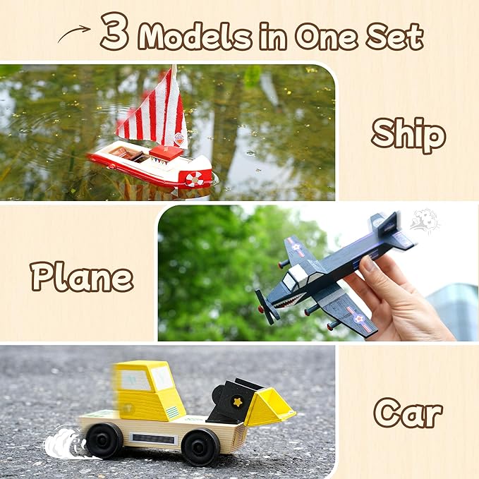 Wooden Build Paint Art Crafts Kit, Make Your Own Car Boat & Plane DIY Craft Toys for Kids Boys, STEM Educational Toy Set