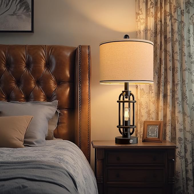 G-SAFAVA 24'' Table Lamps for Living Room Bedroom Industrial Touch Lamp with USB A+C Ports, Night Light Farmhouse Vintage Nightstand Bedside Lamps for Night Stands Metal Black, Bulbs Included