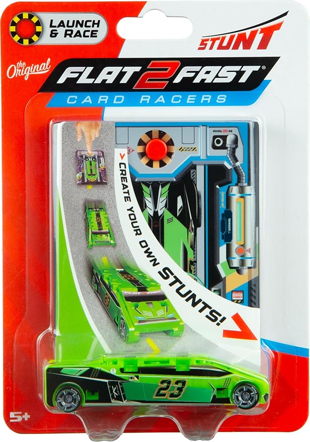 FLAT 2 FAST Original Stunt Card Racer – Flat Car Racer and Pocket Size Racecar Launcher with Built-in Button for Stunt Launching and Racing – Compact – Neon Green