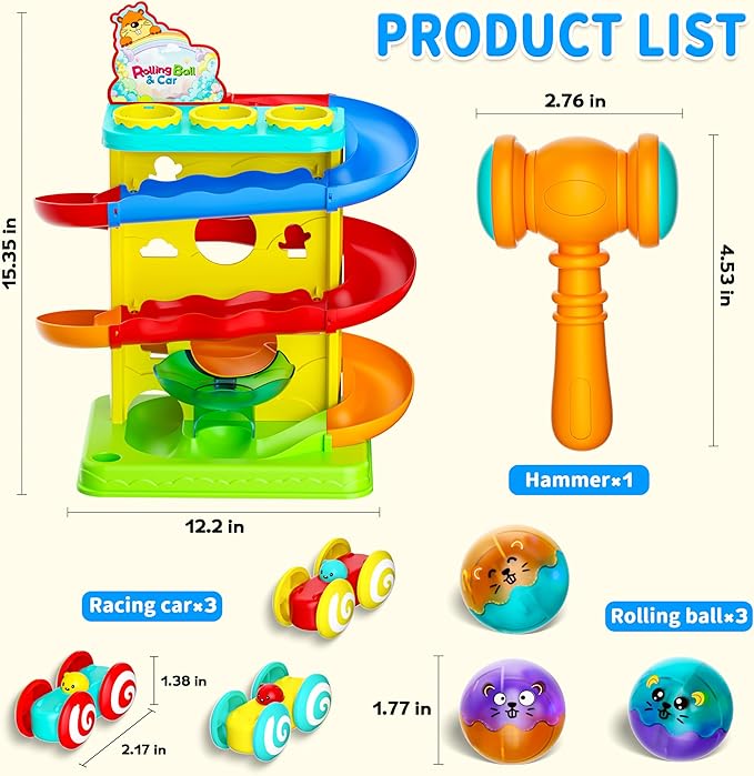 Funwee 2-in-1 Rolling Ball & Racing Car Ramp Toy for Toddlers, Race Track Hammer Lights Ball Drop, Interactive Montessori Learning Game Birthday Gift Idea for Kids 2 3 4 5+Year Old Girl Boy(Yellow)