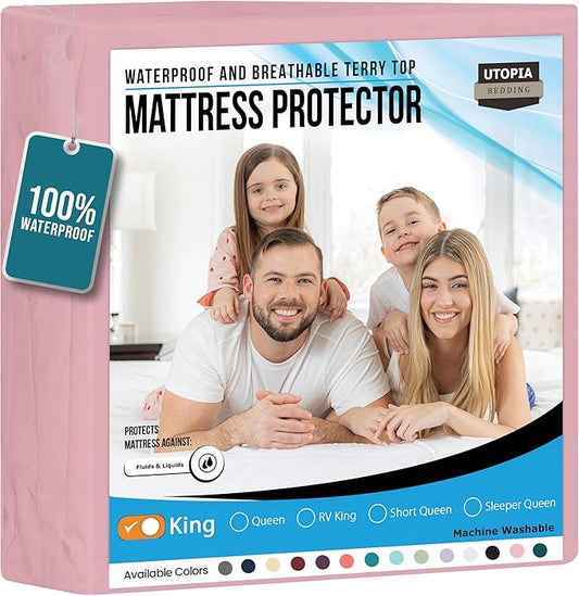 Utopia Bedding Waterproof Mattress Protector King Size, Premium 200 GSM Terry Mattress Cover, Soft & Breathable Bed Cover, Fitted Sheet Style with Stretchable Deep Pockets 17" (Pink)