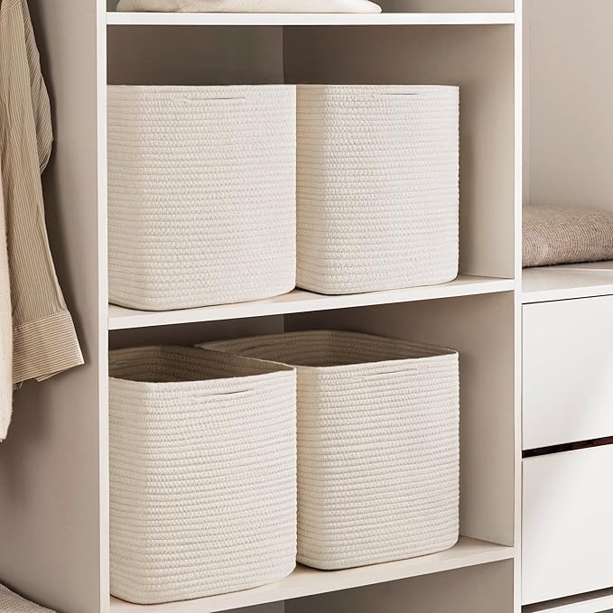 joybest 13x13x13inch Cube Storage Bins Set of 4, Cotton Rope Woven Organizer Basket for Shelves, Cube Bin Square Shelves Organizer Closet Storage, Nursery, Toy Organization, Beige