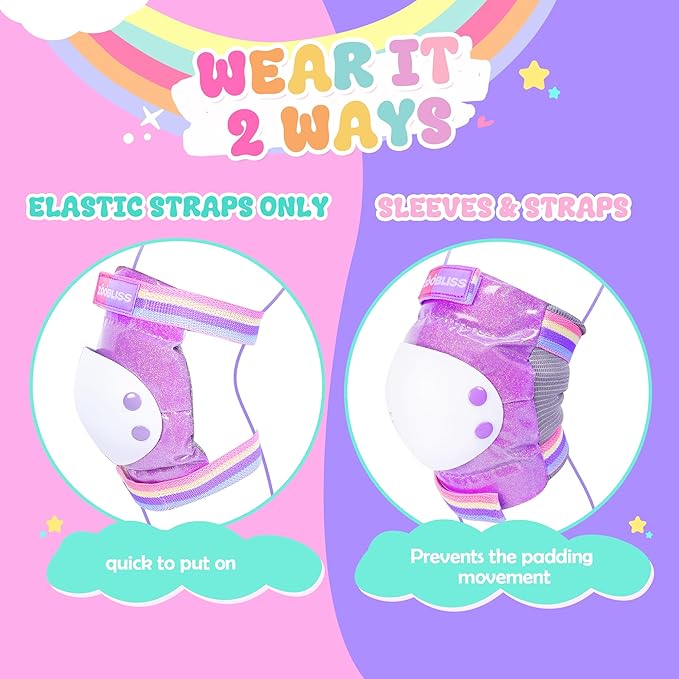 Knee Pads for Kids - ZOOBLISS Toddler Knee and Elbow Pads Set Wrist Guards for Skating Girls Aged 3-12, Kids Protective Gear for Roller Skates Skateboard Bike Scooter, Included Drawstring Bag(Rainbow)