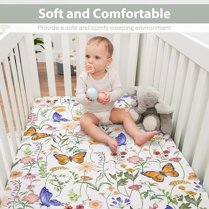 Vintage Wildflowers Butterflies Baby Crib Sheets for Boy Girl 52"x28" Colorful Spring Blossoms Soft Snug Fitted Crib Mattress Cover Wild Plant Baby Sheet for Standard Crib and Toddler Bed Mattress