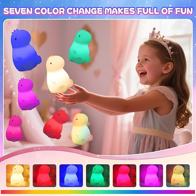 loatme Night Light for Kids, Rechargeable Dimmable Silicone LED Nightlight with 7 Colors, Baby Nursery Night Lamp, Touch Squishy Lamp, Cute Gifts for Girls, Boys, Toddler Room Decor, Dinosaur