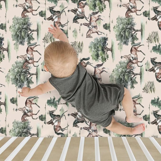 Watercolor Horses Trees Baby Crib Sheets for Boy Girl 52"x28" Vintage Horse Riding Soft Stretchy Fitted Crib Mattress Cover Wild West Animal Baby Sheet for Standard Crib and Toddler Bed Mattress