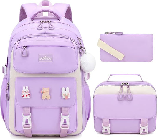 DIGOBAY 3PCS Girls Backpack for School, Kids Backpack for Girls with Lunch Box Pencil Case Set for Teen Girl Elementary Primary Middle High College School Bookbag with Cute Pins (Purple)