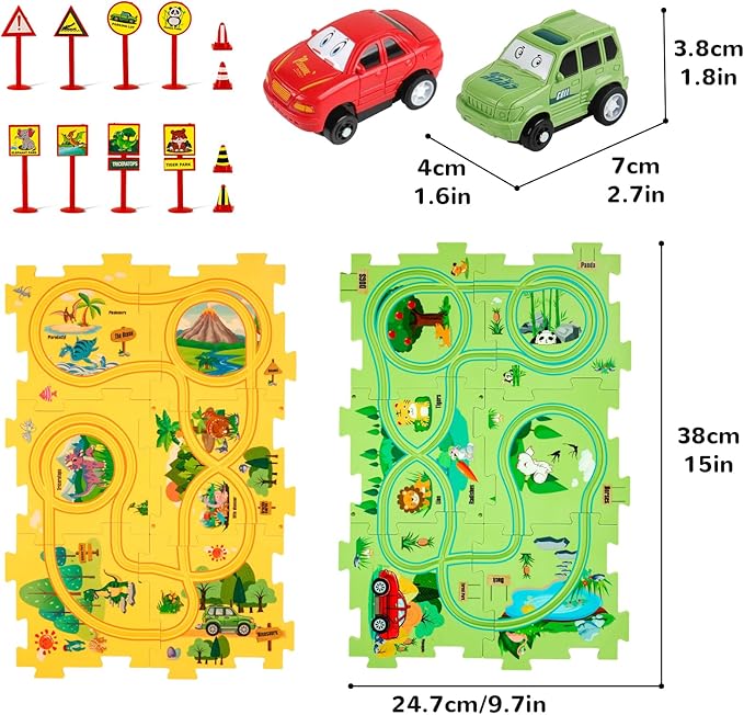 Plastic Floor Puzzles for Kids Ages 3-5 with 2 Cute Vehicles, Race Tracks for Kids 3-5, Puzzle Racer Kids Car Track Set, Toys for 3 4 5 6 Year Old Boys Girls, STEM Toys for Kids