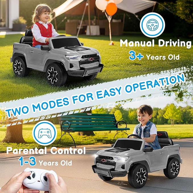 Winado Licensed Chevrolet Colorado Electric Car for Kids, 12V Ride on Toys for Toddlers with Remote Control, Battery Powered Electric Car Ride On Vehicle w/Bluetooth, Soft Start, LED Lights - Gray