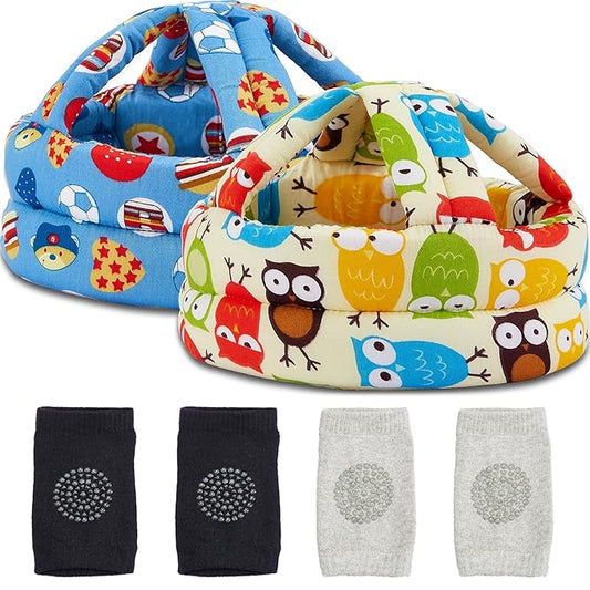 Geyoga 2 Pack Baby Safety Helmet for Crawling Walking Running, Adjustable Soft Cushion Head Protector with Knee Pads, Toddler Protective Cap 6–12 Months 1–2 Years Old (Soccer, Owl Style)