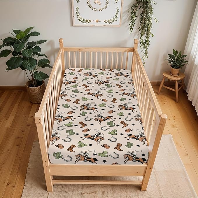 Country Western Baby Crib Sheets for Boy Girl 52x28Inch Cowboy Hat Boots Horse Cactus Soft Snug Fitted Crib Mattress Covers Wild West Desert Baby Sheet for Standard Crib & Toddler Bed Mattresses