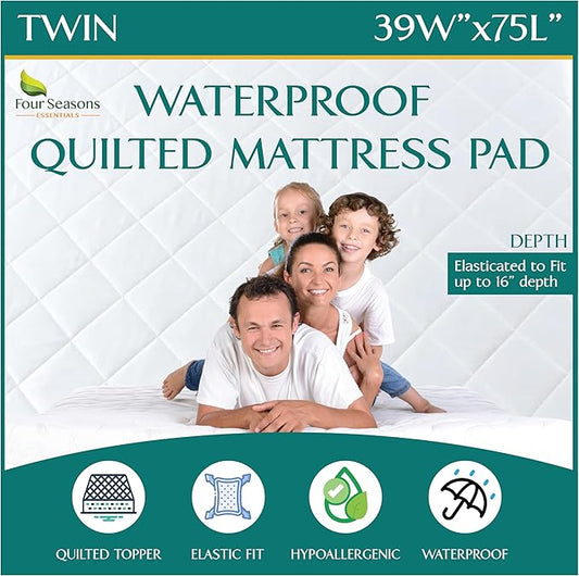 Twin Size Quilted Mattress Pad - Fitted Waterproof Mattress Protector, Pillow Top Mattress Topper, Premium Quality Hypoallergenic Mattress Cover