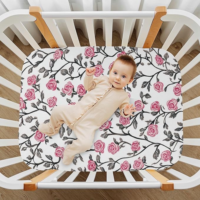 White Pink Rose Crib Sheets Standard Crib Toddler Mattresses Cover Fitted Baby Bed Sheet Breathable Crib Mattress Sheet for Girls Boys 39''x27''x9''