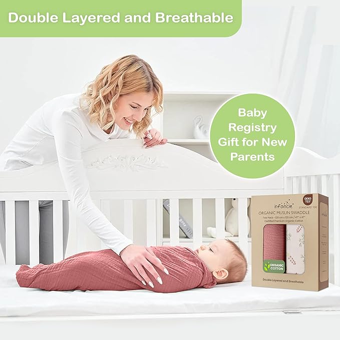 Organic Cotton Muslin Baby Blanket - 47x47 Inch Breathable Swaddle, Hypoallergenic Double-Layer, Versatile Use (Pink Floral, 47x47 Inch)