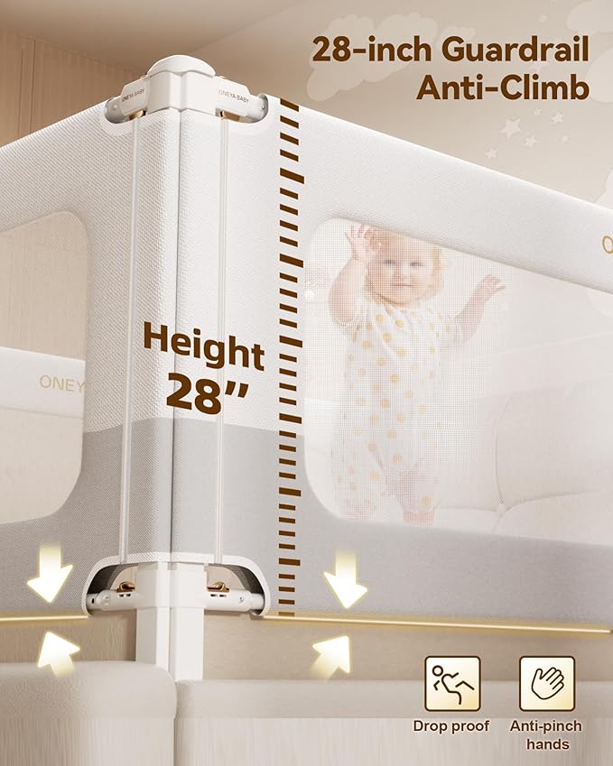 Baby Bed Rail Guard for Toddlers, Reinforced 60in Toddler Bed Rails for Queen Bed with Height Adjustable, Extral Tall Child Safety Side Railing Guards/Bedrail for Kids,White/Grey, 1 Side 54" Lx28 H