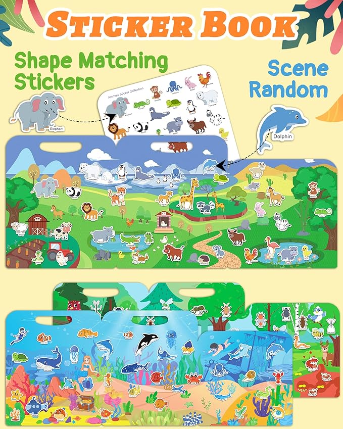 Benresive Reusable Sticker Books for Toddlers, 3 Sets Travel Stickers for Kids, Toddler Sticker Book, Crafts Activities for Toddlers, 3 and Up Birthday Gifts Travel Toys