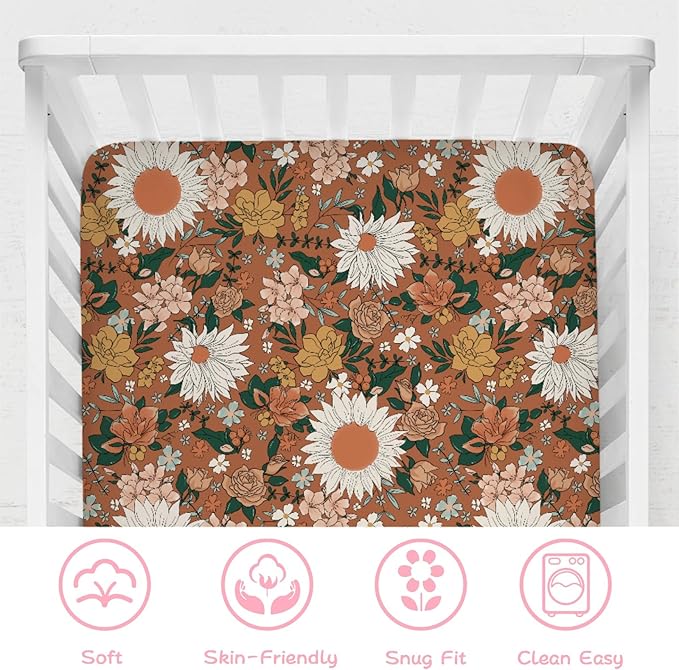 Retro Spring Wildflowers Baby Crib Sheets 52''x28'' Watercolor Floral Leaf Summer Boho Stretchy Fitted Crib Mattress Sheet for Boy Girl Botanical Soft Nursery Sheet for Standard Crib Toddler Mattress