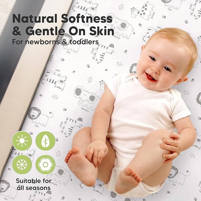 2 Pack and Play Sheets, Waterproof Mini Crib Sheets Fitted - 38x26 Organic Cotton Pack N Play Sheets for Graco Pack and Play Mattress, Playard Baby Crib Sheets,Neutral for Boy,Girl,Toddler(KeaSafari)