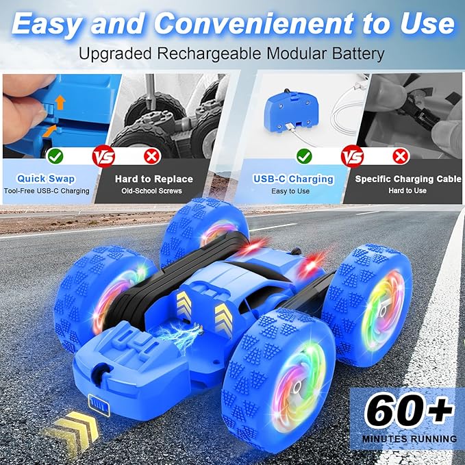 Remote Control Car, Outdoor Toys RC Cars for Kids Ages 6-12, 4WD Double Sided Stunt Vehicle with Upgraded USB-C Modular Batteries, 5 6 7 8 9 10+ Year Old Boy Birthday Blue