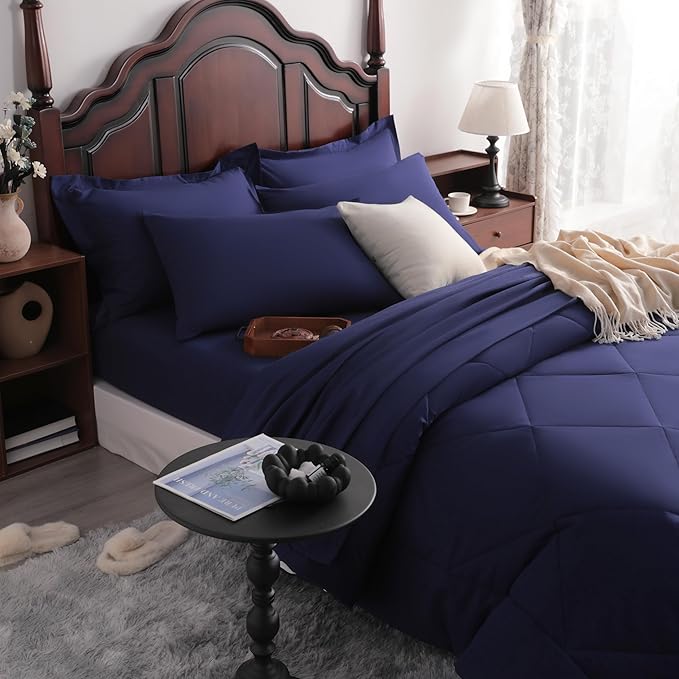 NTBAY King Comforter Set with Sheets, 7 Pieces Soft and Breathable King Bedding Set, Bed in a Bag, Down Alternative Comforter Set Solid Color All Season, Navy Blue