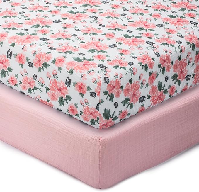 LollyBanks Muslin Crib Sheets 2 Pack, 100% Cotton Soft and Breathable Fitted Crib Sheet for Baby Girls, Snug Baby Bed Sheets for Standard 52 x 28 inches Mattress (Pink Peony and Solid Pink)