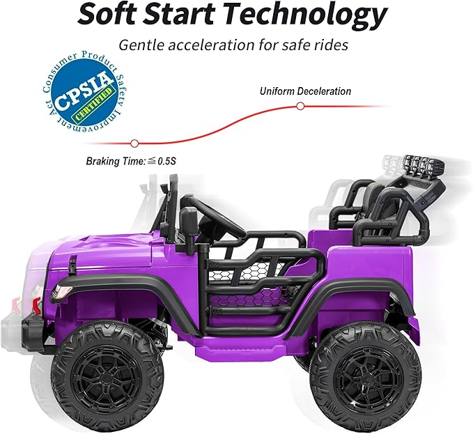 2 Seater Ride on Car Toy, 12V Electric Car for Kids 4-8 with Remote Control, Capacity 110 lb, LED Light - Purple