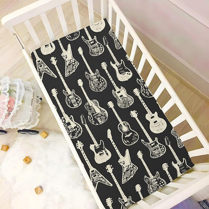 Black Guitar Music Crib Sheets Soft Breathable Fitted Baby Crib Sheets Mattress Cover for Girl Boys, 52" x 28" x 9"