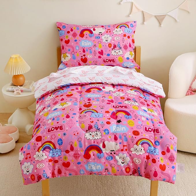 Mooreeke 4 Pieces Toddler Bedding Set - Pink Rainbow Cloud Toddler Comforter Sets for Girls, Includes Comforter, Flat Sheet, Fitted Sheet and Pillowcase, Bed in A Bag for Baby Bedroom