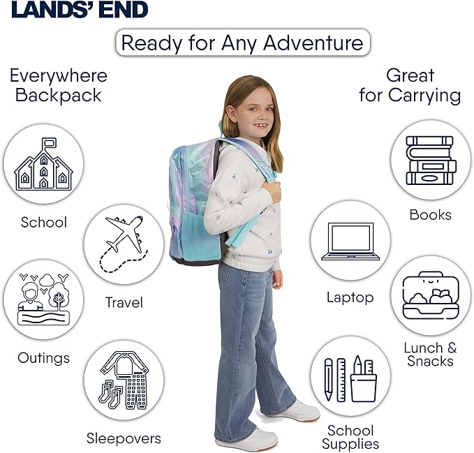Lands' End Unisex Kids Large ClassMate Lightweight Durable Elementary School Backpack, Pastel Lilac
