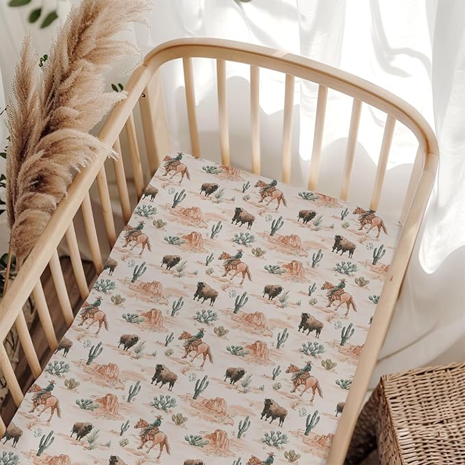 Vintage Cowboy Buffalo Baby Crib Sheets for Boy Girl 52x28Inch Retro Bison Cactus Soft Stretchy Fitted Crib Mattress Cover Western Desert Baby Sheet for Standard Crib and Toddler Bed Mattress