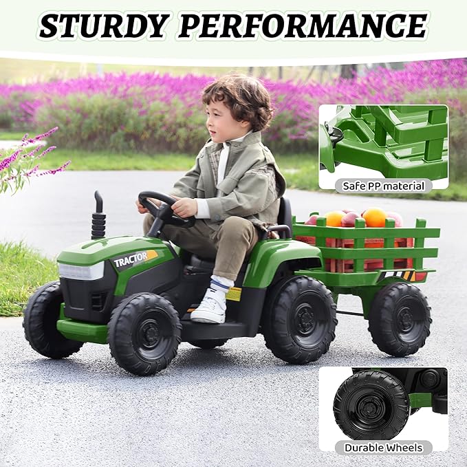 TOBBI Kids Electric Ride On Toy Tractor, Toddlers 12V Battery-Powered Car to Drive, 35W Dual Motor 6-Wheels Trailer Vehicle with 3-Speeds/LED & Horn Functions for Chirdren Aged 3-6-Dark Green