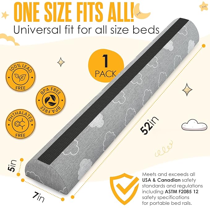 Sleepah Bed Bumpers for Toddlers Memory Foam Rail Guards Waterproof Washable Dual Sided Non-Slip Soft Cover - Safety Guard Noodle Long Pillow Pads for King Queen Full Twin Beds (1 Pack)