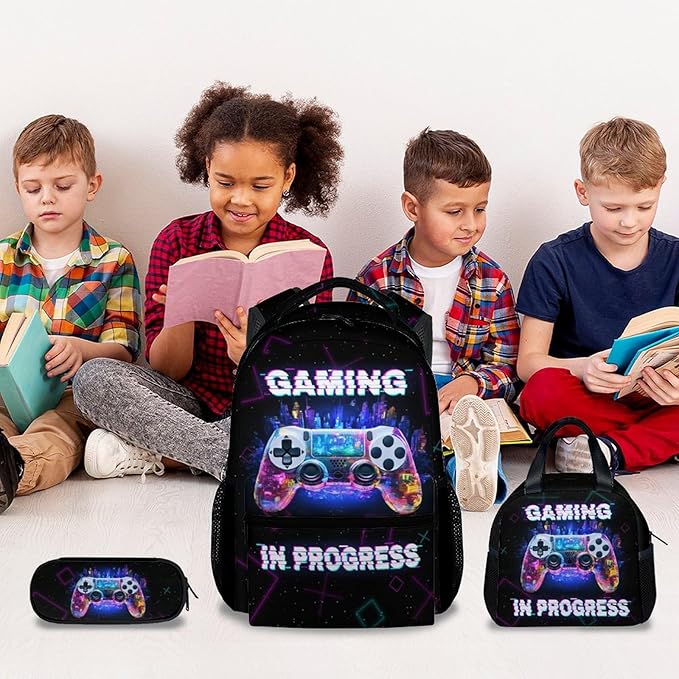 COZYAURA Backpacks for Boys - 3Pcs Video Gaming Bookbag for Kids - Gamer School Bag for Boys - Kids Backpacks with Lunch Box Pencil Case Set