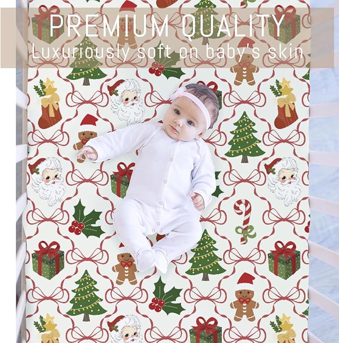 Santa Christmas Bows Baby Crib Sheets for Boy Girl Retro Christmas Trees Stockings Fir Gifts Soft Snug Fitted Crib Mattress Covers for 52x28 Standard Crib & Toddler Mattress Winter Baby Sheets
