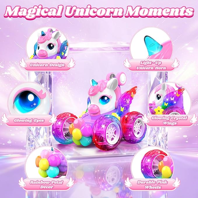 Unicorn RC Cars for Girl Toys with Glowling Crystal Wings &Eyes Lights,360°Rotation Remote Control Car Unicorn Stunt Car,Indoor Outdoor Toys Stocking Stuffers Gifts for 3 4 5 6 7 8 9+Year Old Girls