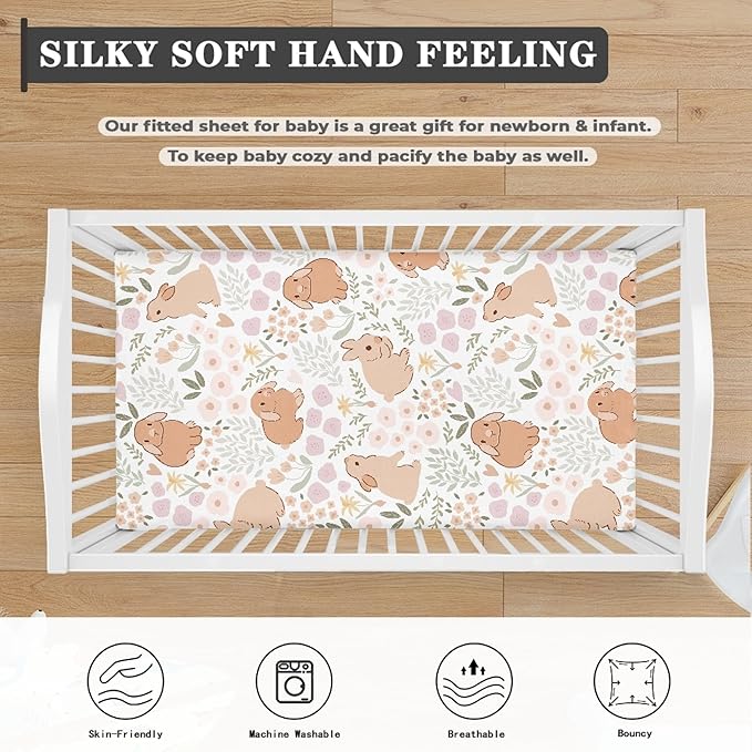 Rabbit Floral Fitted Crib Sheet Flower Animal Baby Crib Sheet Fit Standard Crib and Toddler Mattress,Crib Mattress Sheets for Boys Girls 28"x52"