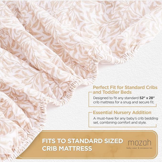 MOZAH Organic Muslin Crib Sheets, Soft and Breathable Bedding for Baby Girls or Boys, Snug Fitted Sheet for Standard Cribs & Toddler Mattresses, 2 Pack, Beige and Beige Leaves